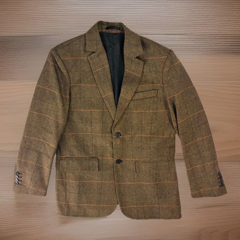 Men's Bespoke Brown Herringbone Windowpane Wool Silk Sport Coat Blazer 42R VTG